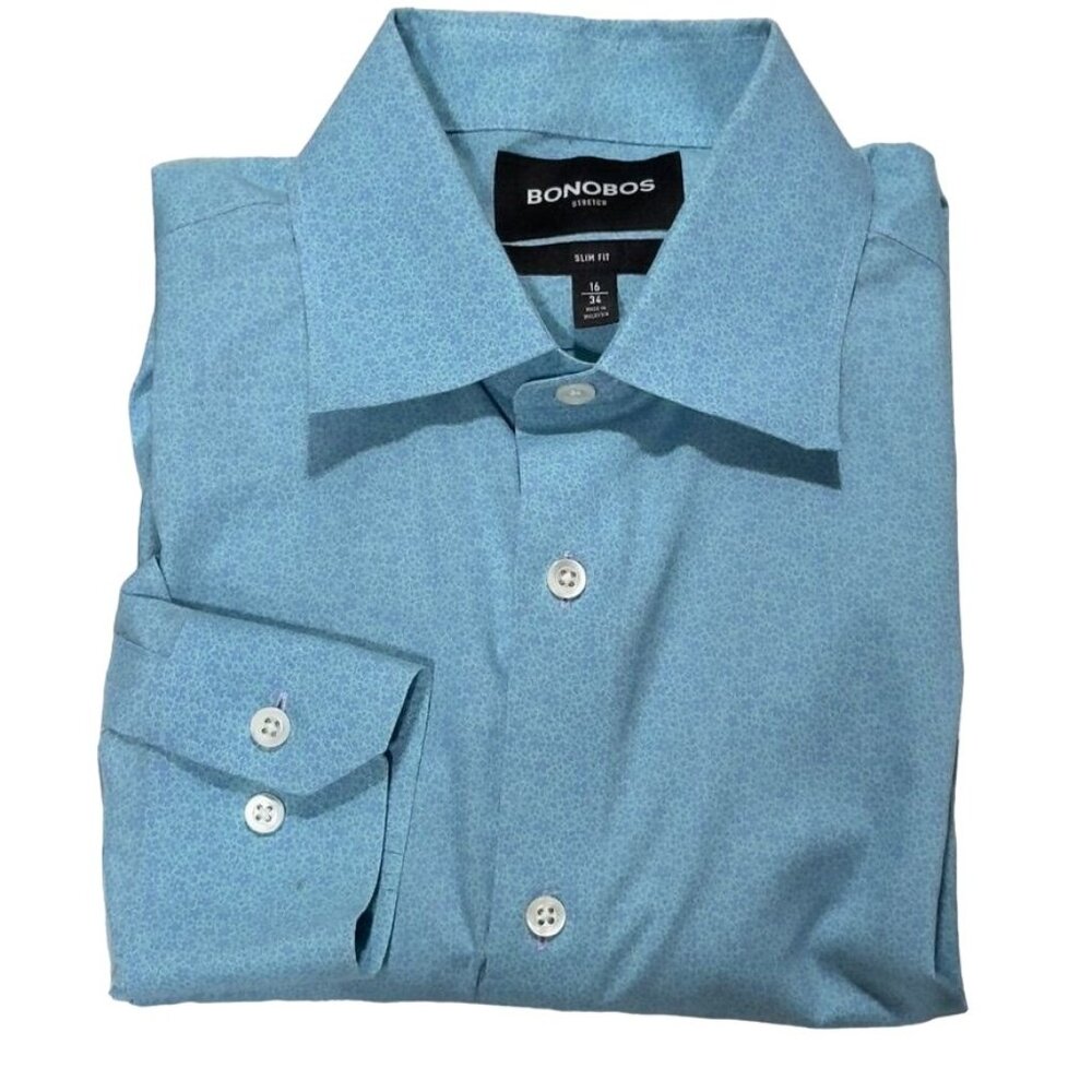 BONOBOS STRETCH Mens Casual Shirt Blue Cotton Size 16/34